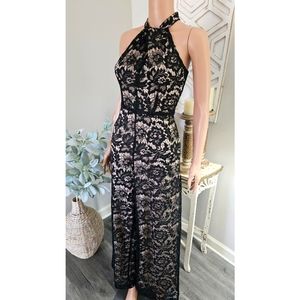 Julia Jordan Black Nude Lace Twist-Neck Wide Legs Sleeveless Jumpsuit